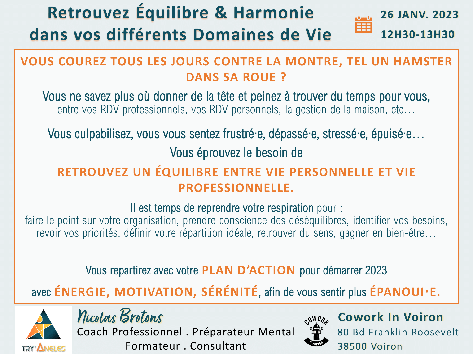 Atelier équilibre vie professionnelle et personnelle le 26 janvier à 12h30